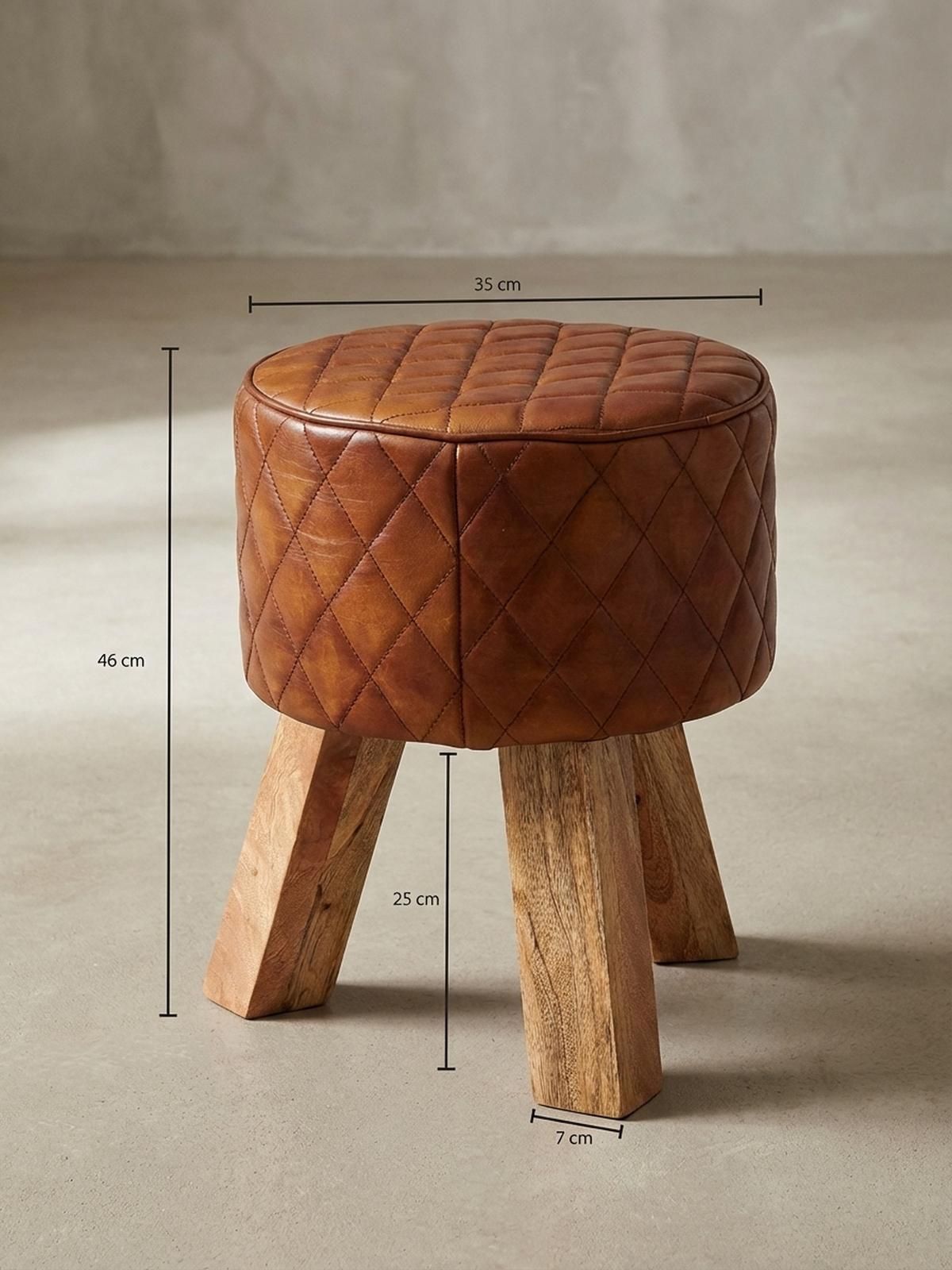 SITZHOCKER – Holz/Leder, 46 cm, Rautenmuster, Braun - Braun, Mangoholz/Leder (35/46/35cm) - KADIMA DESIGN