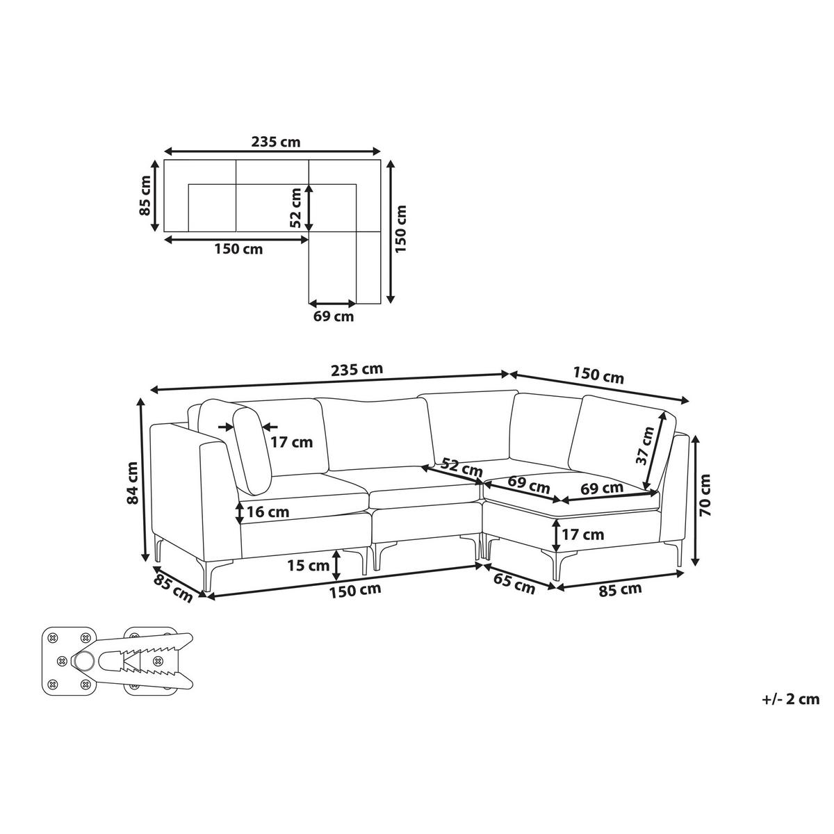 ECKSOFA Modul 4-Sitzer linksseitig Grün Samtstoff Evja - Grün, Textil (235/150cm) - Beliani
