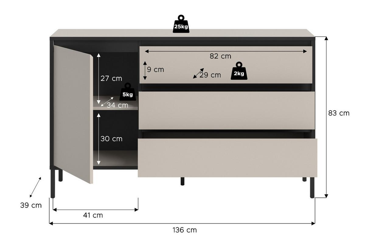 SIDEBOARD Sand / Kaschmir mit Schwarz, Kommode mit 3 Vollauszug-Schubkästen 163 x 83 cm - Sandfarben/Kaschmir, Holzwerkstoff/Metall (136/83/38cm) - Inn.Furn