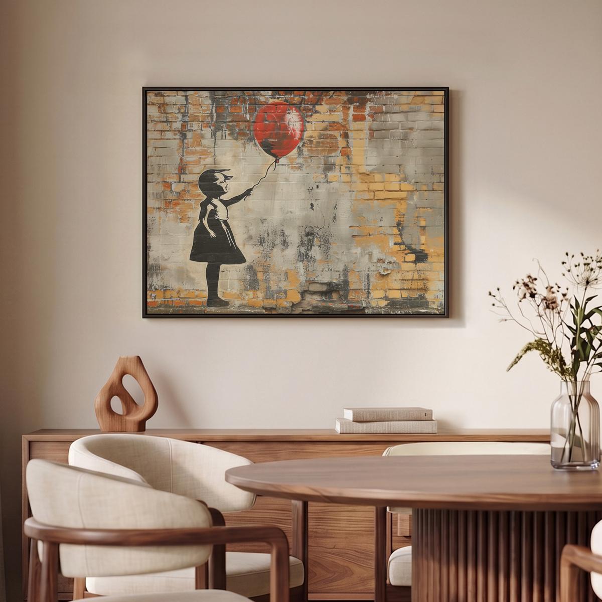 LEINWAND Bilder mit Rahmen - Graffiti - Banksy - Mädchen - Straßenkunst - 70x50 - Sandfarben, Textil (70/50cm) - MuchoWow