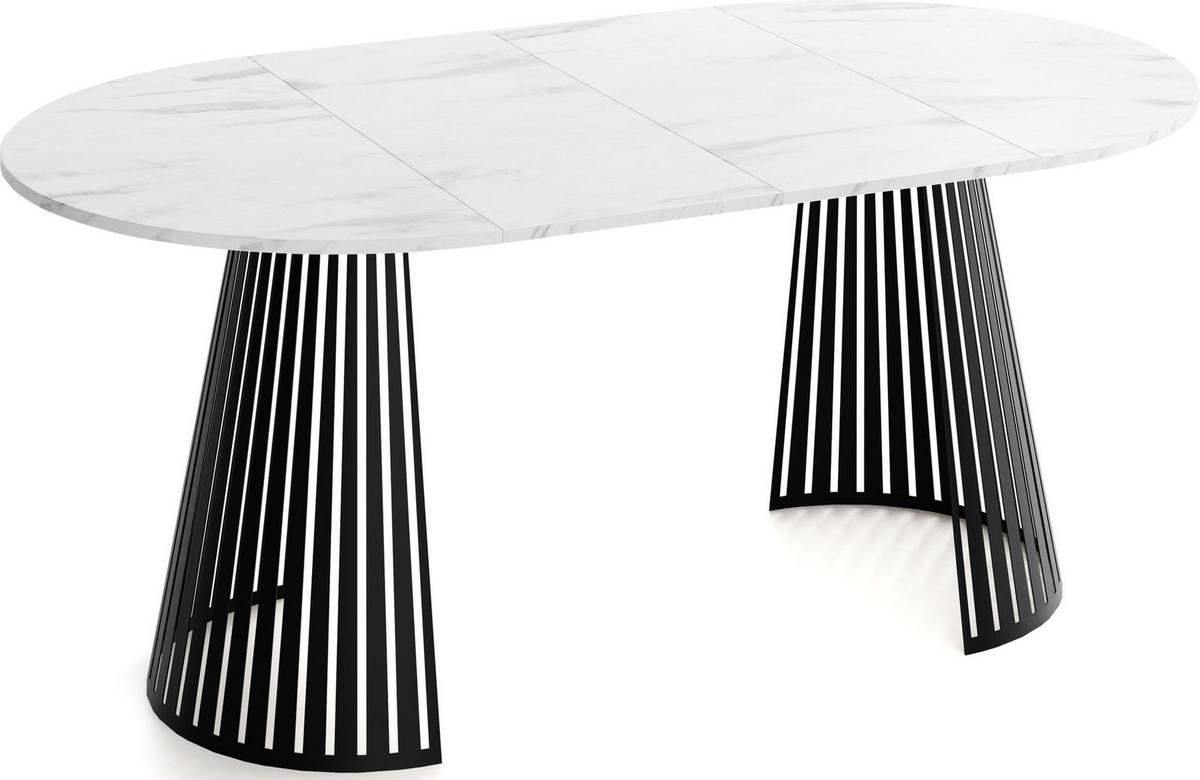 ESSTISCH Naro rund ausziehbar mit Schwarzem Lamellen-Metallgestell, Marmor Weiß 120-200/120/76 cm - Ecru/Schwarz, Holzwerkstoff/Metall (120/196/76cm) - WFL GROUP