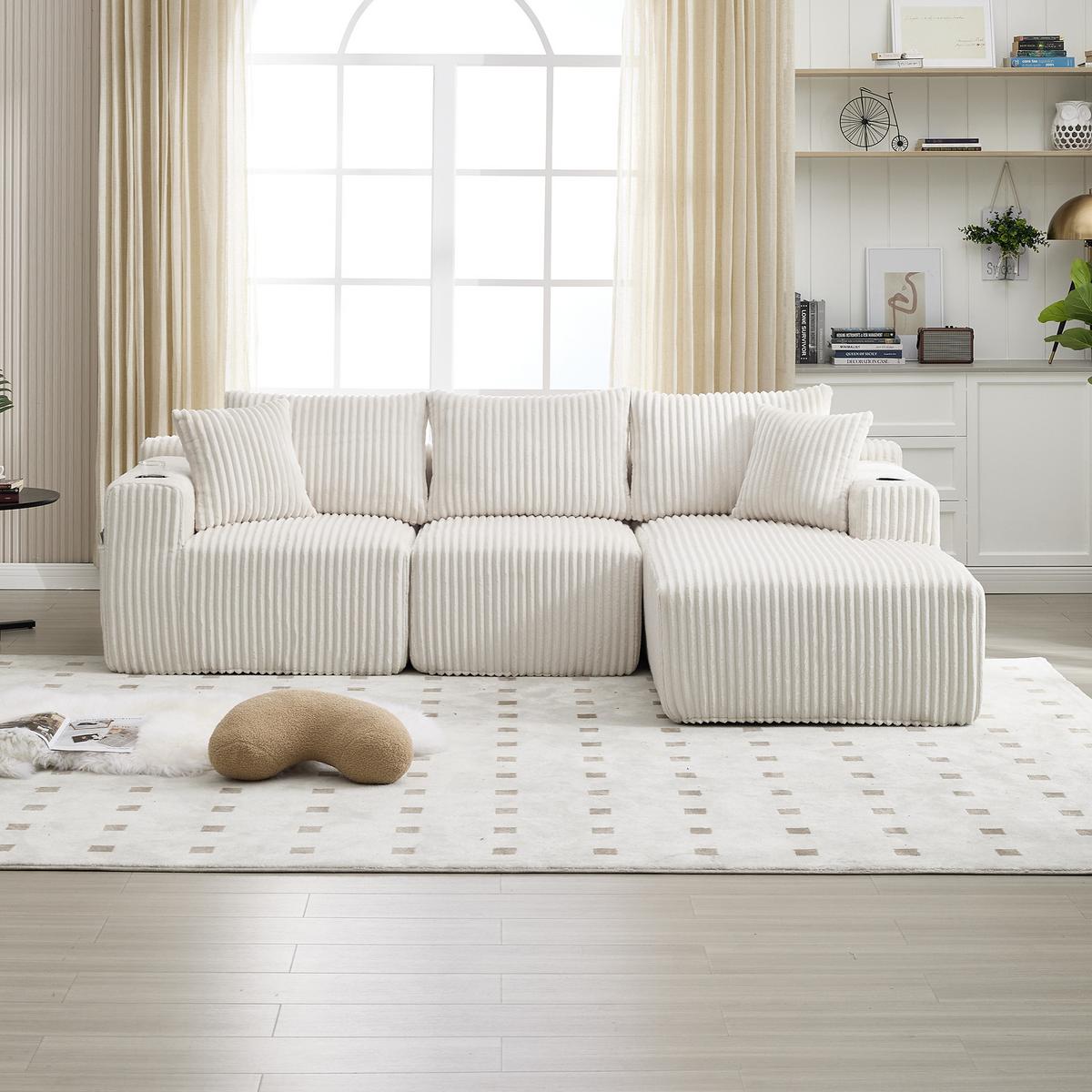 ECKSOFA mit Chaiselongue Cord - Beige, Textil (257/160cm) - Urban Meuble