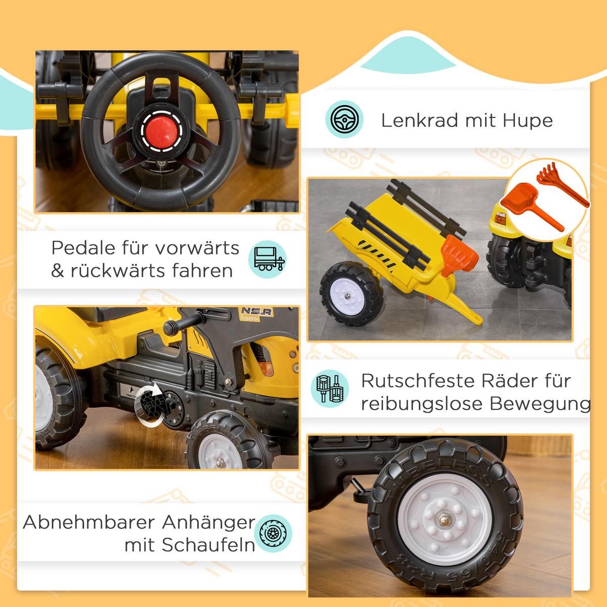 TRETTRAKTOR mit Anhänger Tretauto und Anhänger Traktor ab 3 Jahre Kinder - Gelb, Metall (167/41/52cm) - HOMCOM