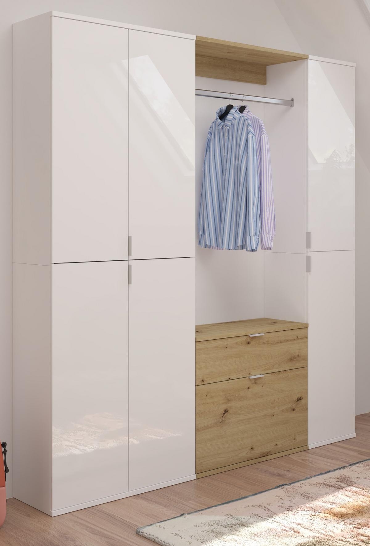 GARDEROBENSCHRANK weiß Hochglanz, Eiche 152 cm, Komplettset mit viel Stauraum - Weiß Hochglanz/Eiche Artisan, Holzwerkstoff/Metall (152/193/34cm) - Inn.Furn