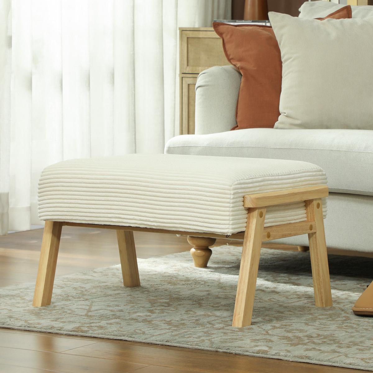 SITZHOCKER Hocker mit weichem Sitzkissen Holzbeinen Fußhocker mit Cordoptik - Creme/Naturfarben, Holz/Textil (46/40/70cm) - HOMCOM