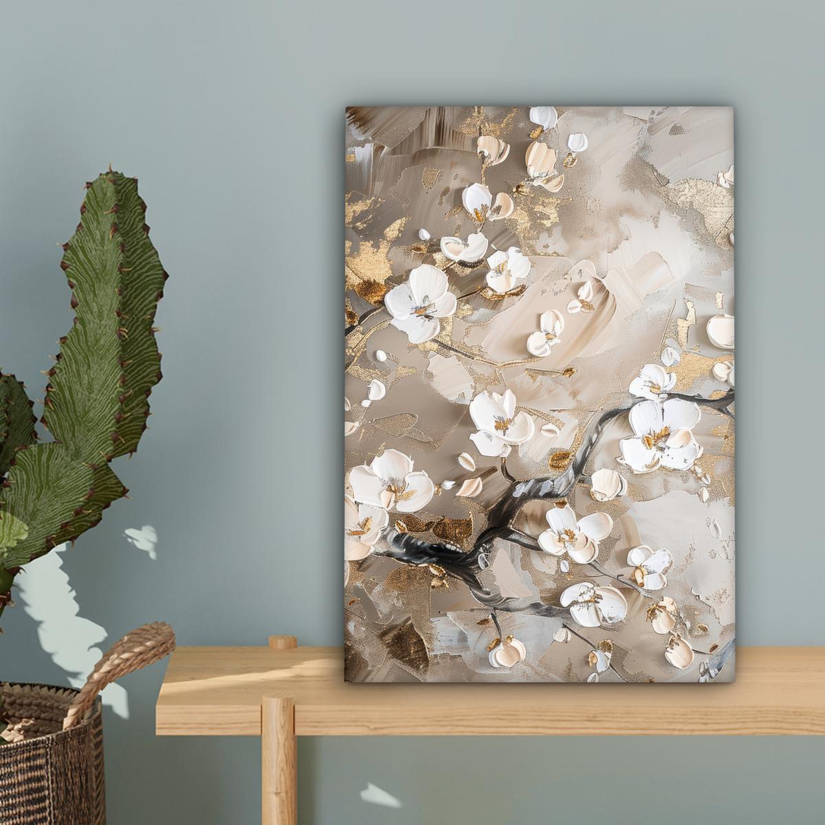 LEINWANDBILD Blumen - Weiß - Gold - Beige - Luxus Deko Wohnzimmer 20x30 cm - Greige, Textil (20/30cm) - MuchoWow