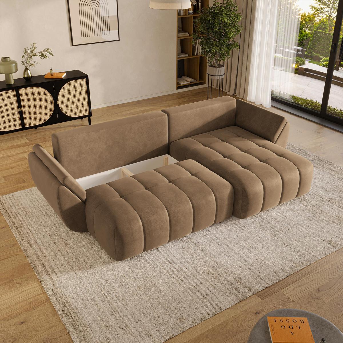 ECKSOFA OLSI Beige Velours-Stoff mit Schlaffunktion - Beige, Holz (285/148cm) - MASSENO