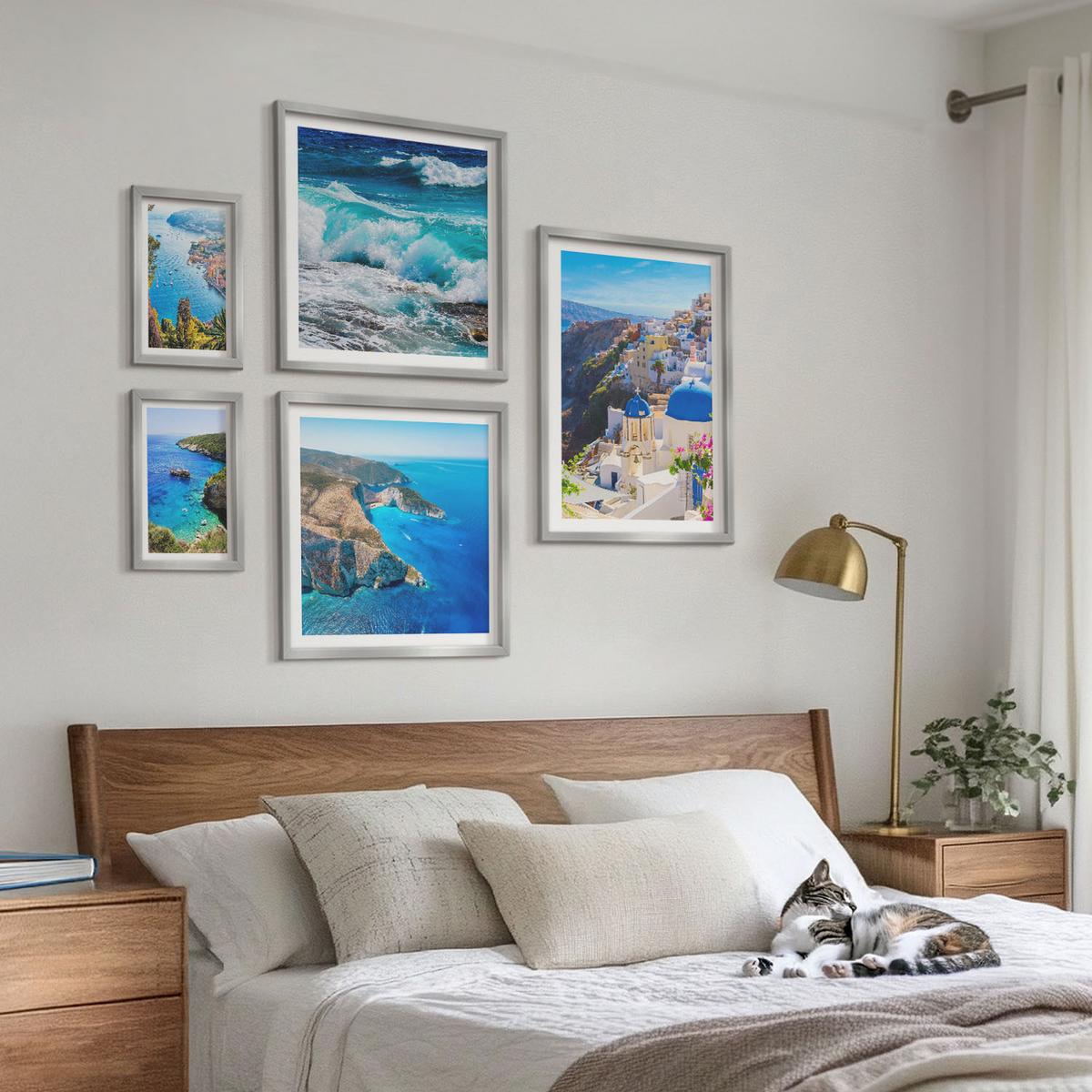 BILDER SET 5er Set - 50x50 cm & 20x30 cm & 40x60 cm Silberner Rahmen - Griechische Ansichten von Santorin Oia - Silberfarben, Kunststoff (40/60cm) - TULUP