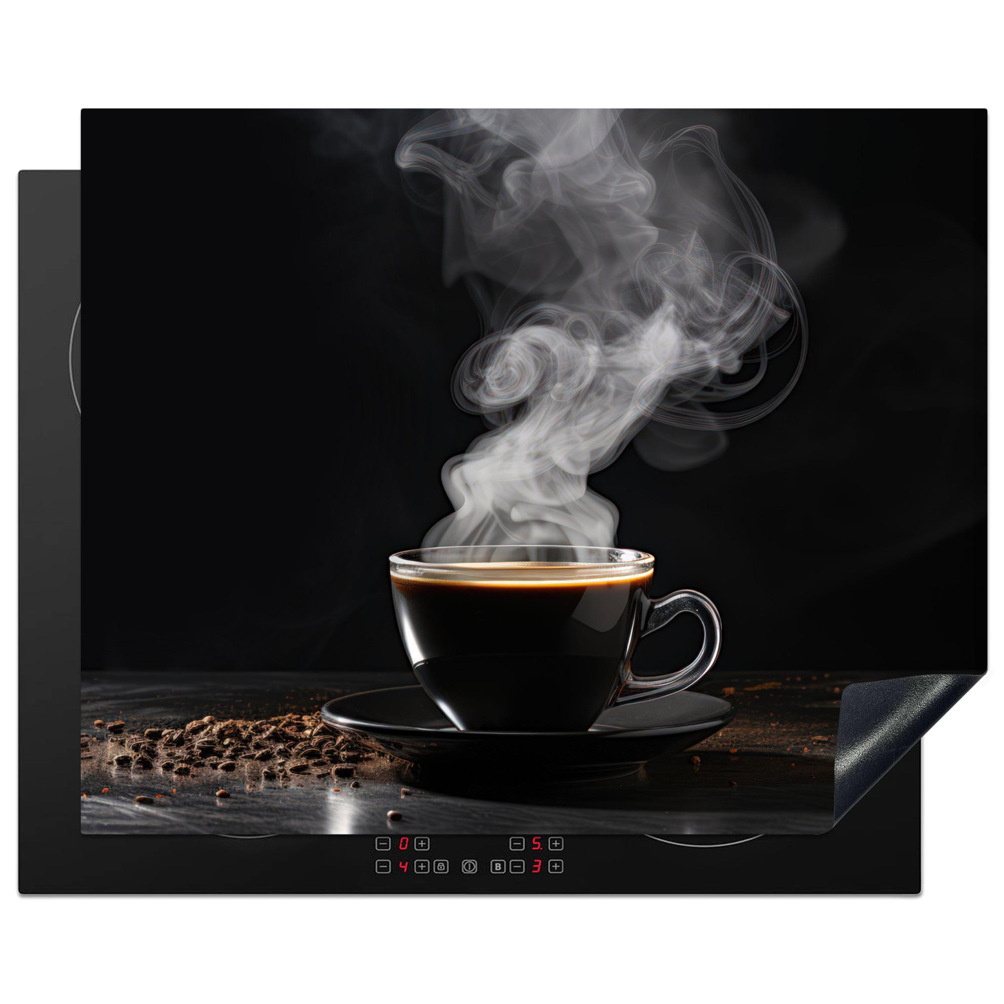 HERDABDECKPLATTE Kaffee - Schwarz - Bohnen - Heiß - Tasse Herdabdeckung Induktionsfeld 65x52 cm - Schwarz, Kunststoff (65/52/0.2cm) - MuchoWow