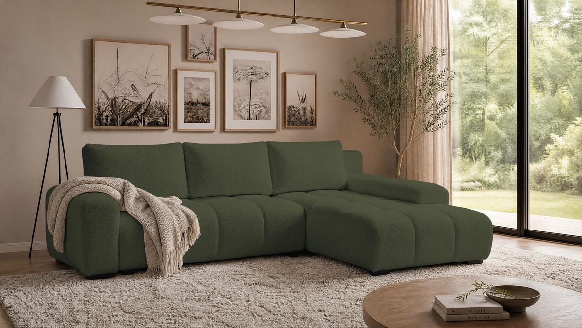 ECKSOFA Ovia mit Bettkasten und Schlaffunktion, Bouclé-Stoff in L-Form - Grün, Textil (270/185cm)