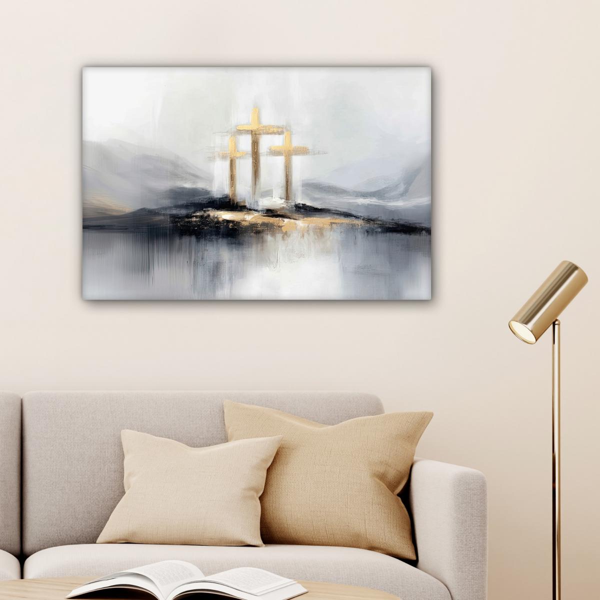 LEINWANDBILD Abstrakt - Malerei - Christentum - Kreuz Gemälde 60x40 cm - Weiß, Textil (60/40cm) - MuchoWow
