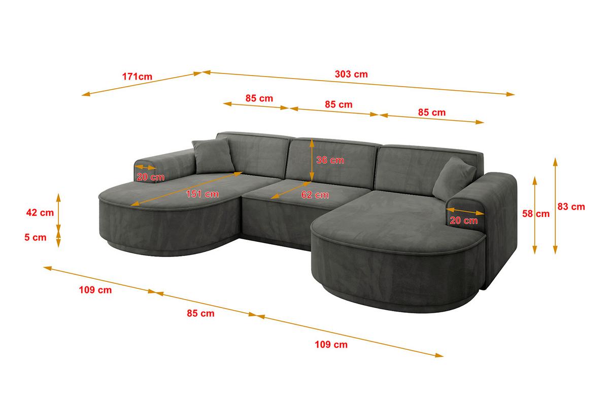 WOHNLANDSCHAFT MARI-U1-v3 - 303x171x83 cm Dunkelgrau Velours - Dunkelgrau/Schwarz, Holzwerkstoff/Kunststoff (303/83/171cm) - ALTDECOR
