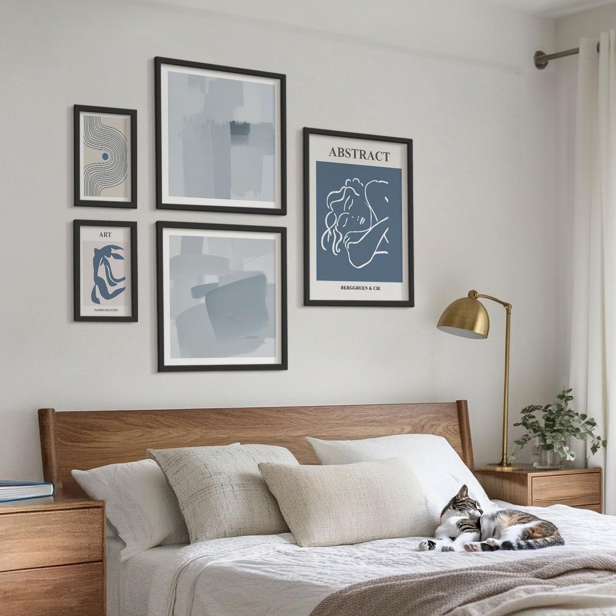 BILDER SET 5er Set - 50x50 cm & 20x30 cm & 40x60 cm Schwarzer Rahmen - Poster mit abstrakten Linien und Wellen - Schwarz, Kunststoff (40/60cm) - TULUP