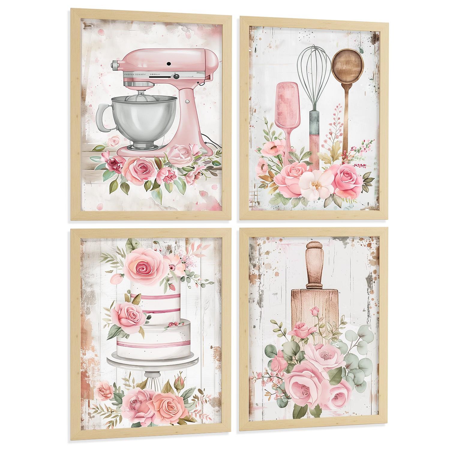 POSTER 4er Set Rosa Backkunst Wandbilder Küchenmaschine Torte Utensilien Blumen Shabby Chic Küche Deko Leichter Holzrahmen A4 - Beige, Papier (29.7/1/21cm) - Nacnic
