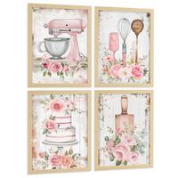 POSTER 4er Set Rosa Backkunst Wandbilder Küchenmaschine Torte Utensilien Blumen Shabby Chic Küche Deko Leichter Holzrahmen A4 - Beige, Papier (29.7/1/21cm) - Nacnic