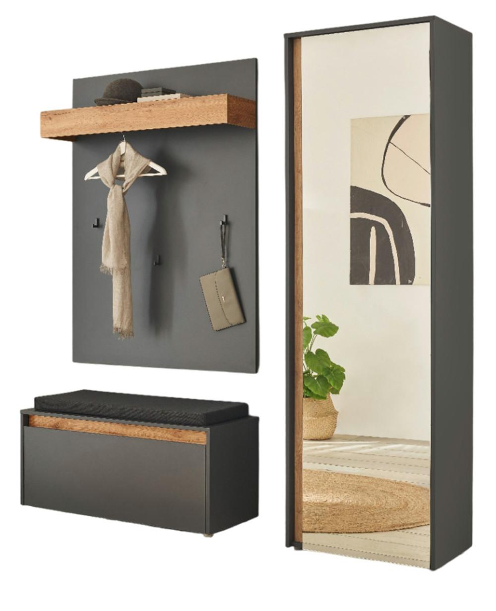 GARDEROBEN-SET 4-teilig grau, Eiche Wotan 170 cm, Flurgarderobe inklusive Sitzkissen - Eiche Wotan/Silberfarben, Glas/Holzwerkstoff (170/200/40cm) - Furn.Design