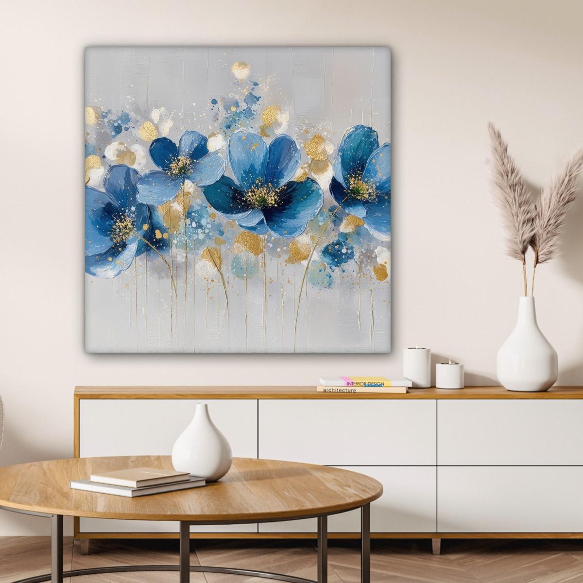 LEINWANDBILD Blumen - Blau - Abstrakt Deko Groß 90x90 cm - Hellgrau, Textil (90/90cm) - MuchoWow