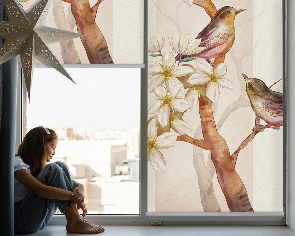 INNENROLLO - Fensterrollo - Rollo - 140x140 cm - Vögel auf einem Baum mit Blumen - Weiß, Kunststoff (140/140/0.5cm) - TULUP