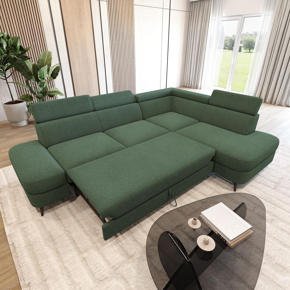 ECKSOFA AVISE Q R-S Grün Boucle-Stoff mit Schlaffunktion - Grün, Holzwerkstoff/Textil (268/195cm) - MASSENO