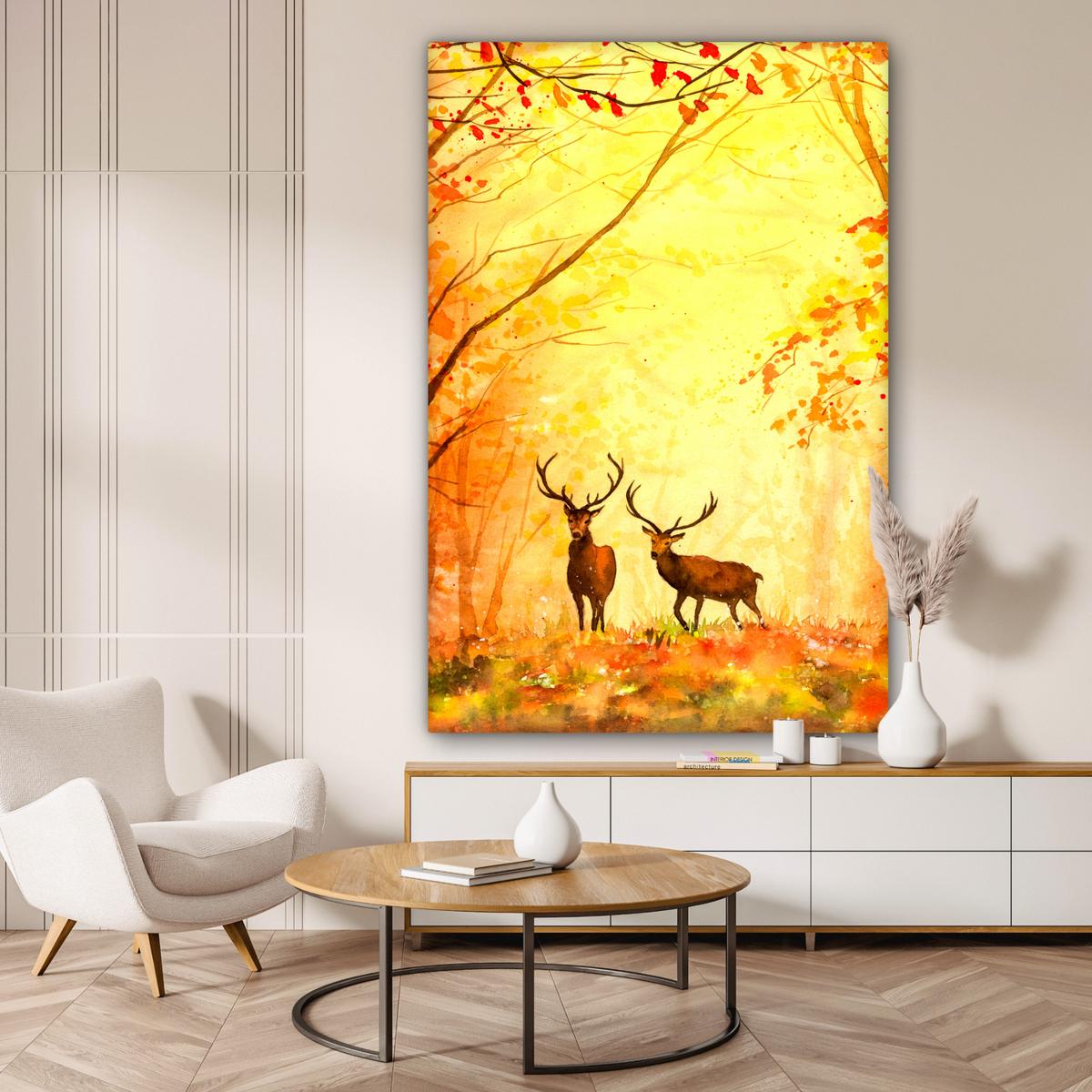 LEINWANDBILD Natur - Ölfarbe - Hirsche - Tiere - Herbst - Orange Deko Groß 90x140 cm - Orange, Textil (90/140cm) - MuchoWow