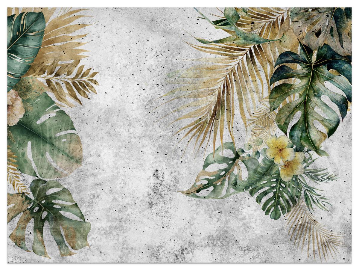 FOTOTAPETE für Wohnzimmer Tropische Blätter Blumen auf Grauer Beton 350x256 - Braun/Grau, Papier (350/256cm) - Muralo