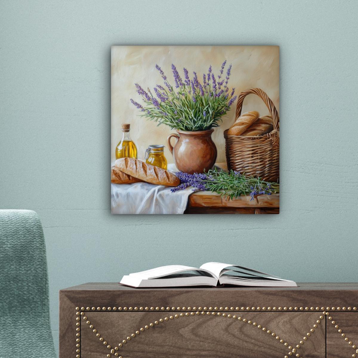 LEINWANDBILD Lavendel - Brot - Stilleben Deko Wohnzimmer 20x20 cm - Flieder, Textil (20/20cm) - MuchoWow