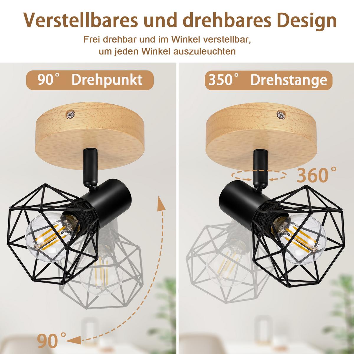 DECKENSTRAHLER Cynthveth 11.5/9.2/12.8 cm - Schwarz/Braun, Holz/Metall (11.5/9.2/12.8cm) - ZMH