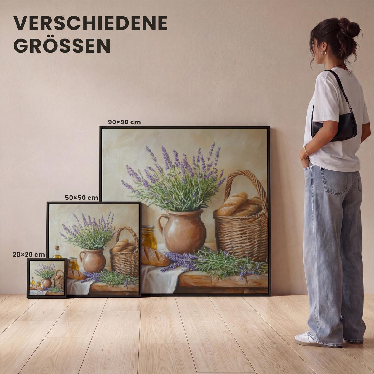 LEINWAND Bilder mit Rahmen - Lavendel - Brot - Stilleben - 50x50 - Flieder, Textil (50/50cm) - MuchoWow