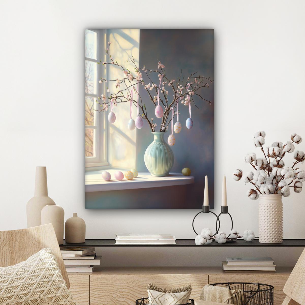 LEINWANDBILD Stillleben - Vase - Osterzweig Wandbild Wohnzimmer 60x80 cm - Hellblau, Textil (60/80cm) - MuchoWow