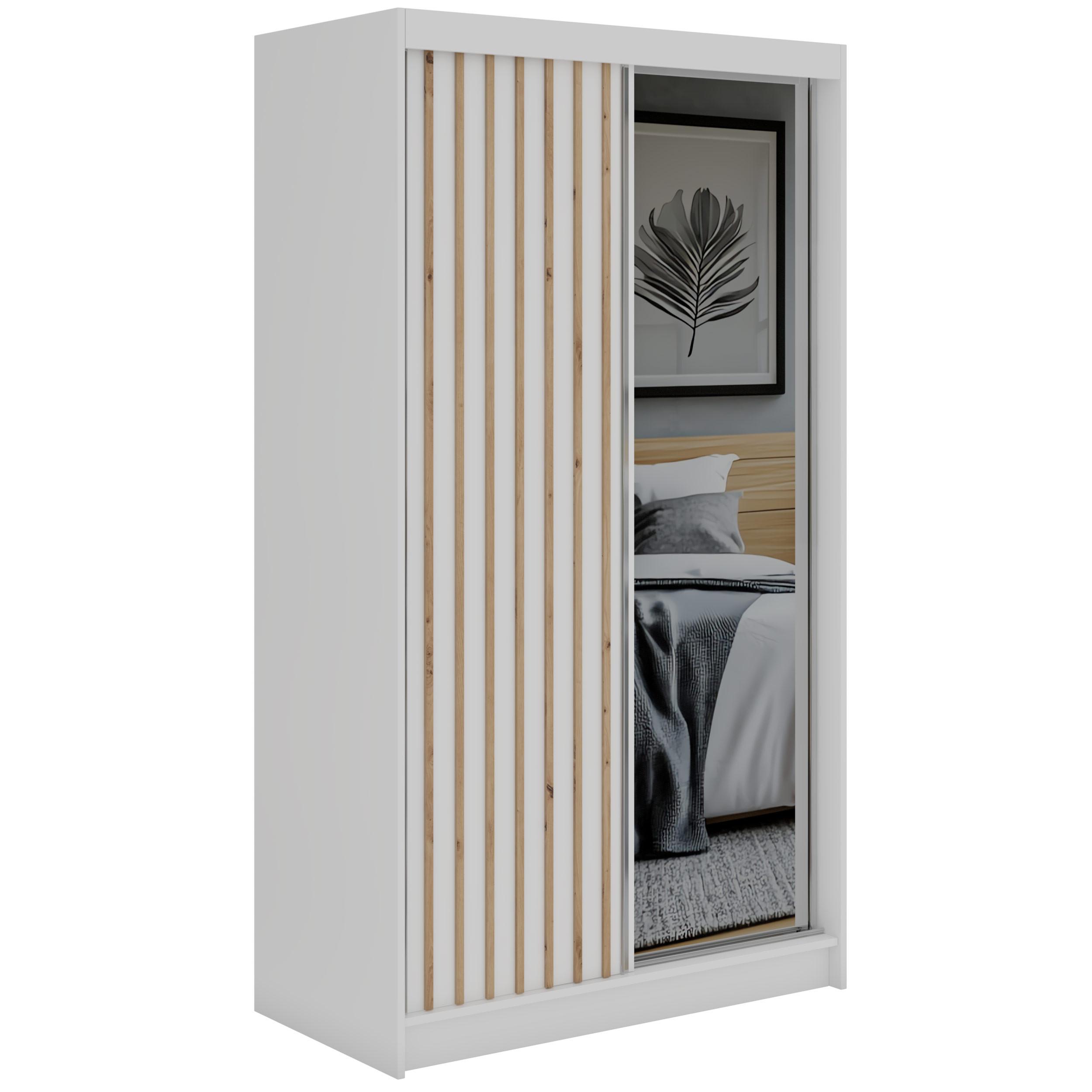 SCHWEBETÜRENSCHRANK mit Spiegel und Schubladen LAOS - 120 - Weiß - Eiche Artisan Lamellen - Alufarben/Weiß, Holzwerkstoff/Metall (120/216/61cm) - MKS