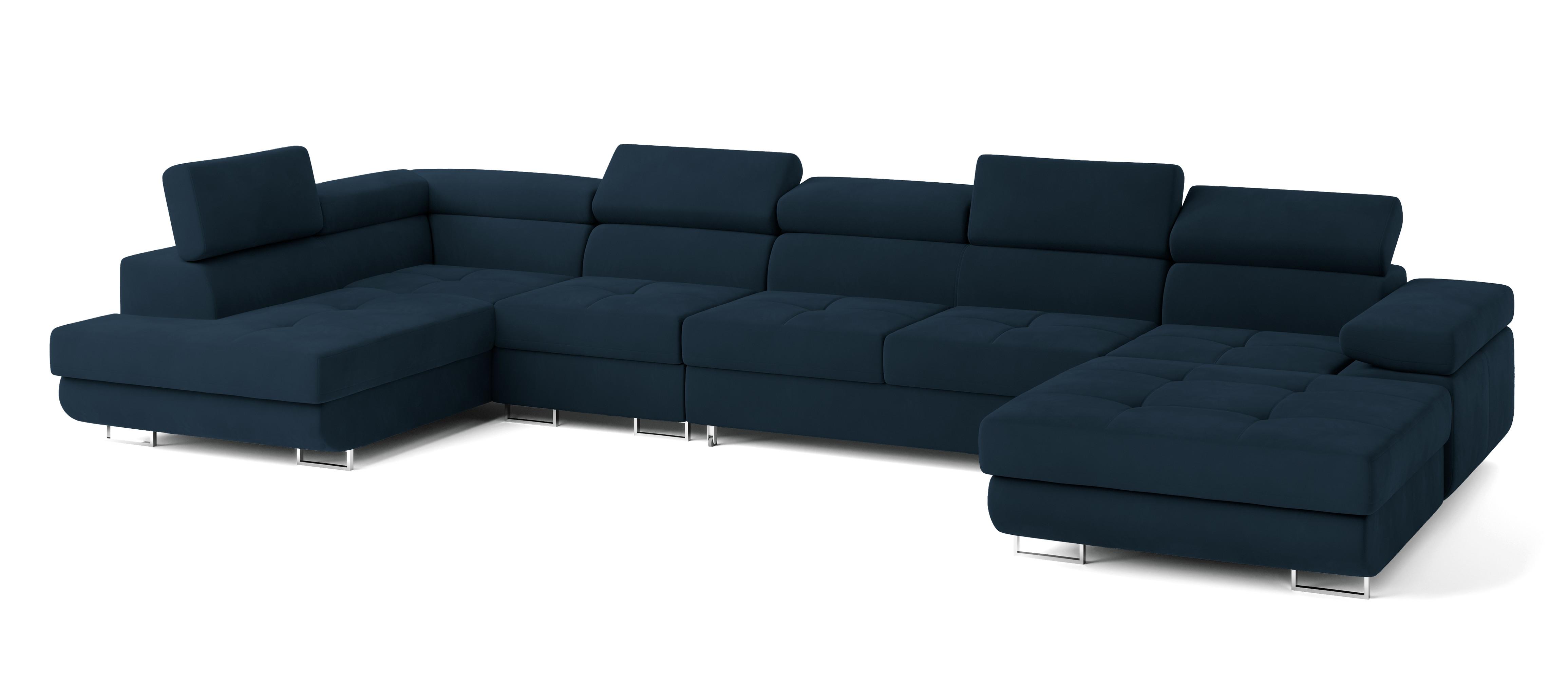 WOHNLANDSCHAFT VELORA L-S Blau Velours-Stoff mit Schlaffunktion - Blau, Holz (419/90/202cm) - MASSENO