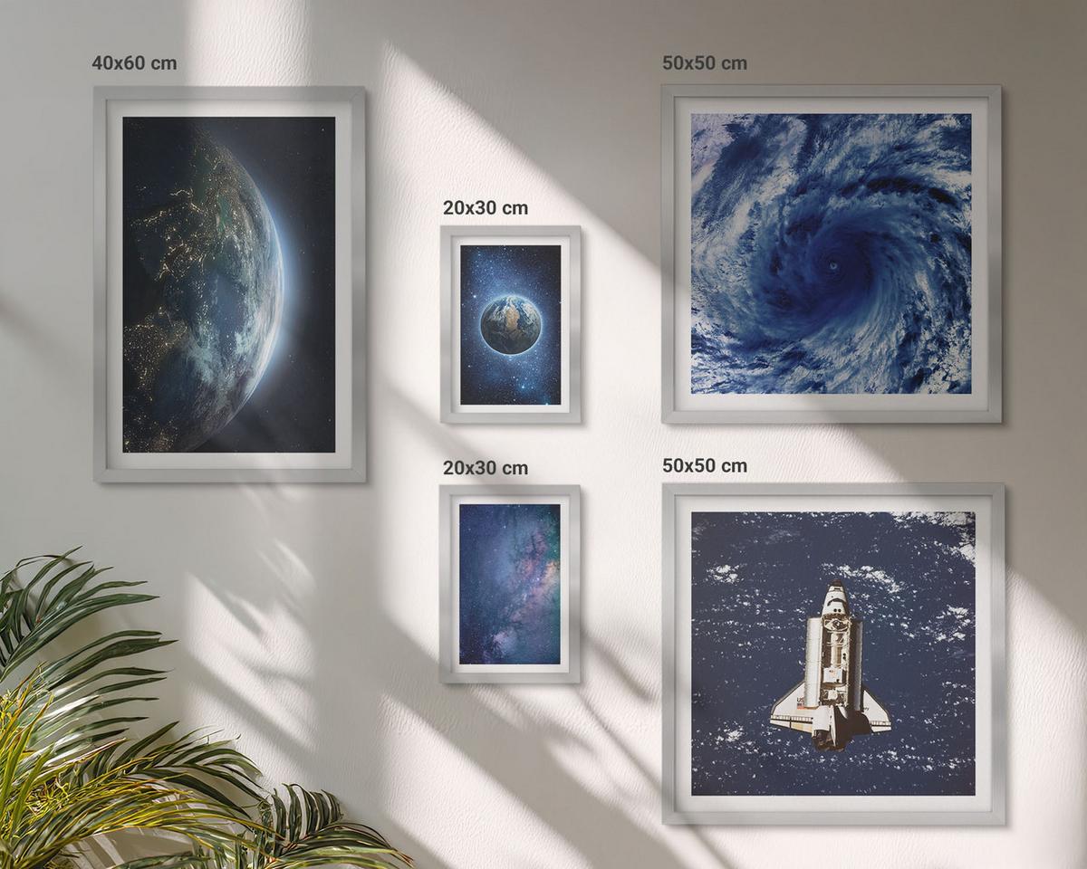 BILDER SET 5er Set - 50x50 cm & 20x30 cm & 40x60 cm Silberner Rahmen - Erde Weltraumsturm Galaxie - Silberfarben, Kunststoff (40/60cm) - TULUP