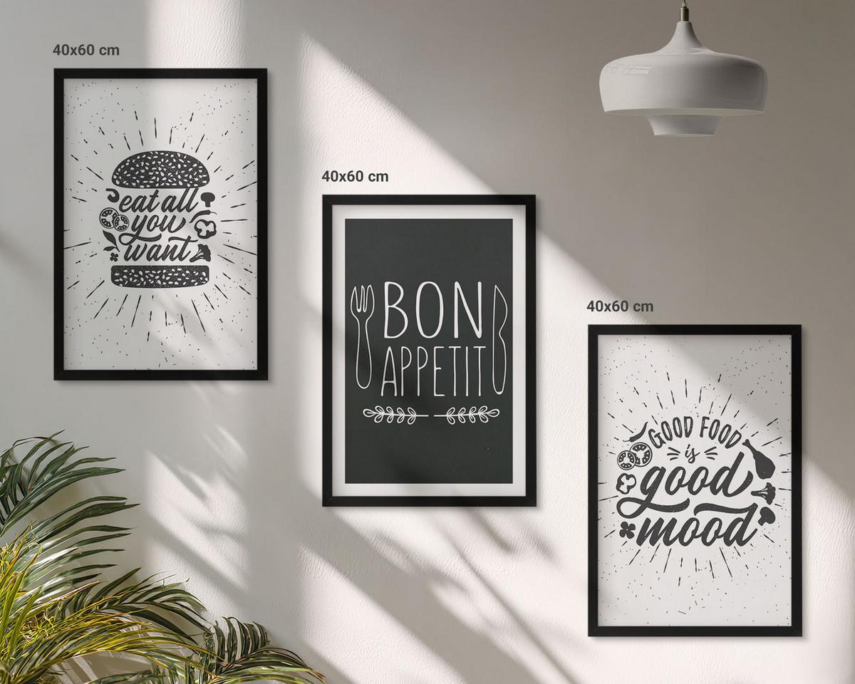BILDER SET 3er Set - 40x60 cm Schwarzer Rahmen - Grafiken, Lebensmittel, kulinarische Slogans - Schwarz, Kunststoff (40/60cm) - TULUP
