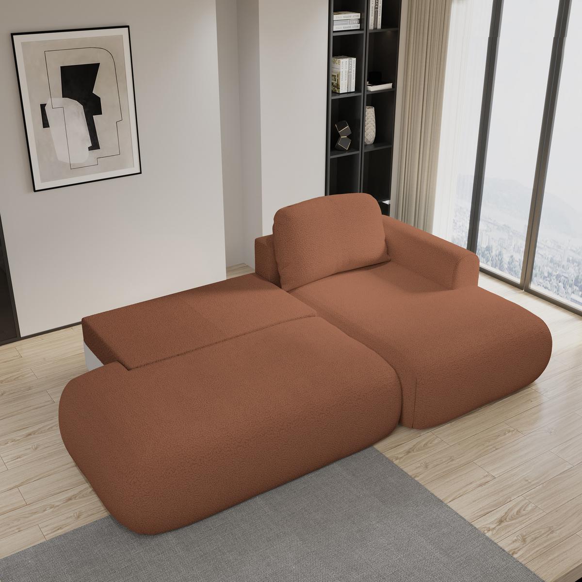 ECKSOFA NUVIRA R-S Kupferfarben Boucle-Stoff mit Schlaffunktion - Kupferfarben, Holz (279/158cm) - MASSENO