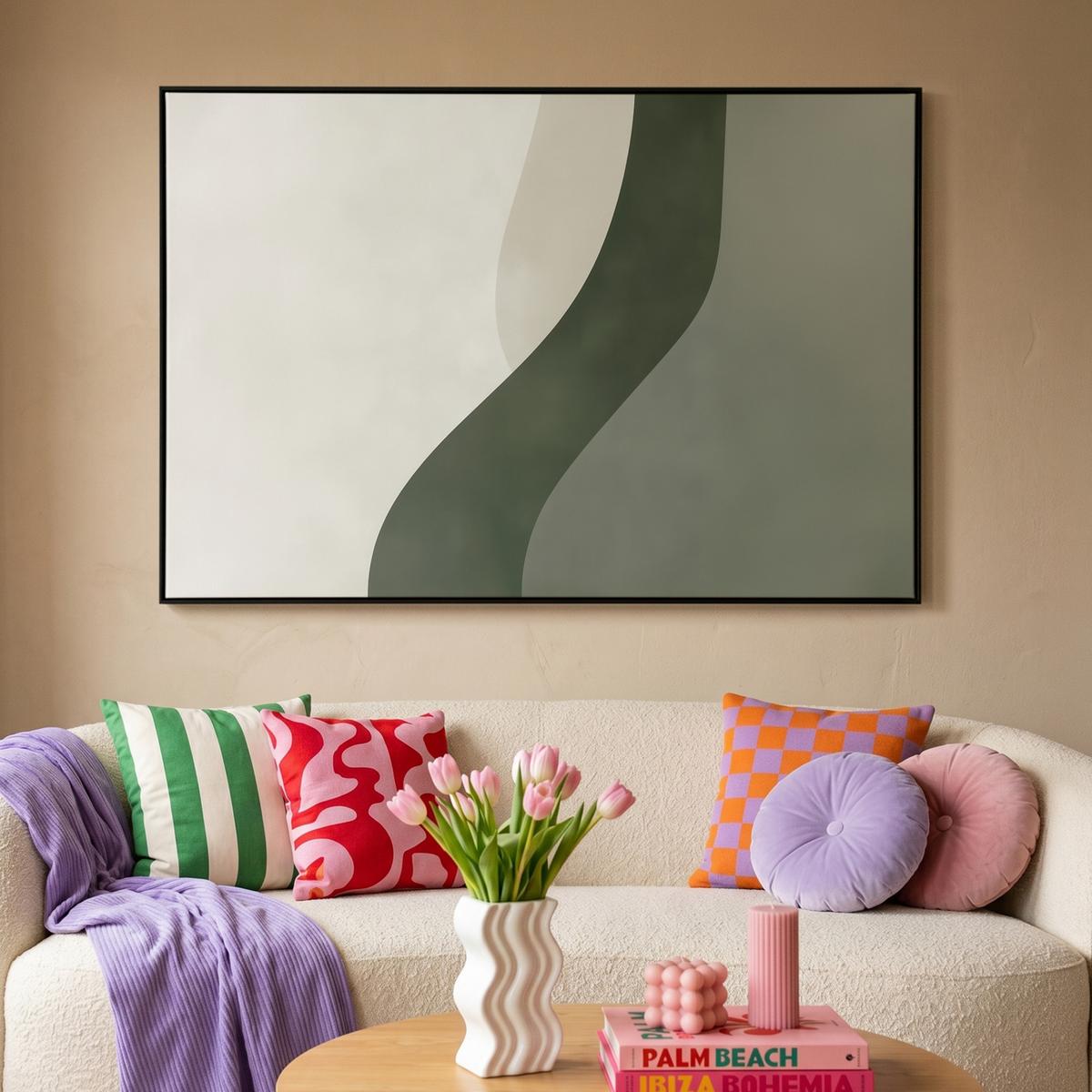 LEINWAND Bilder mit Rahmen - Japandi - Grün - Abstrakt - Modern - 120x80 - Salbeigrün, Textil (120/80cm) - MuchoWow