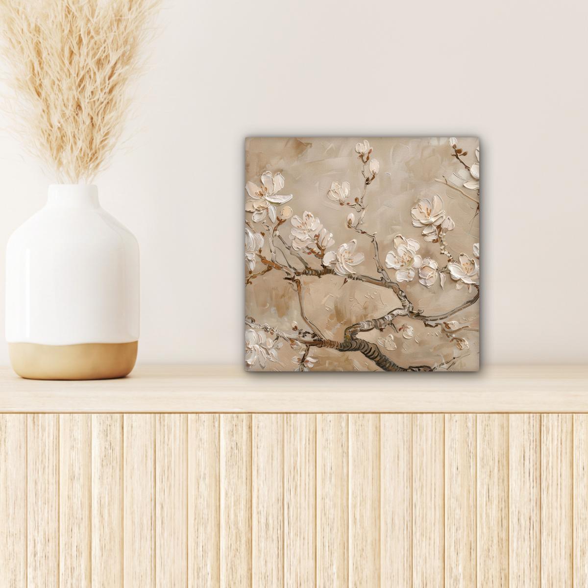 LEINWANDBILD Blumen - Modern - Beige - Weiß - Blüte Deko Wohnzimmer 20x20 cm - Beige, Textil (20/20cm) - MuchoWow