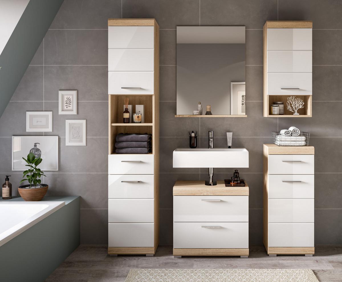 WASCHBECKENUNTERSCHRANK weiß Hochglanz, Eiche 60 cm, Schubkästen mit Vollauszug - Weiß Hochglanz/Eichefarben, Holzwerkstoff/Kunststoff (60/56/37cm) - Inn.Furn