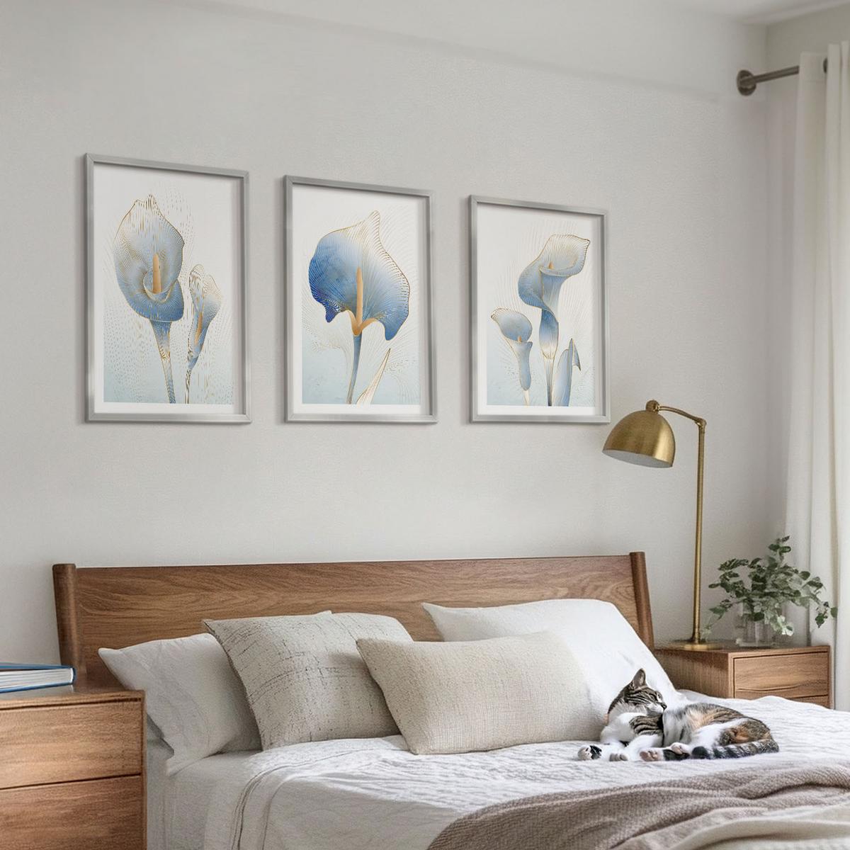 BILDER SET 3er Set - 40x60 cm Silberner Rahmen - Blaue Blumen im Hintergrund - Silberfarben, Kunststoff (40/60cm) - TULUP