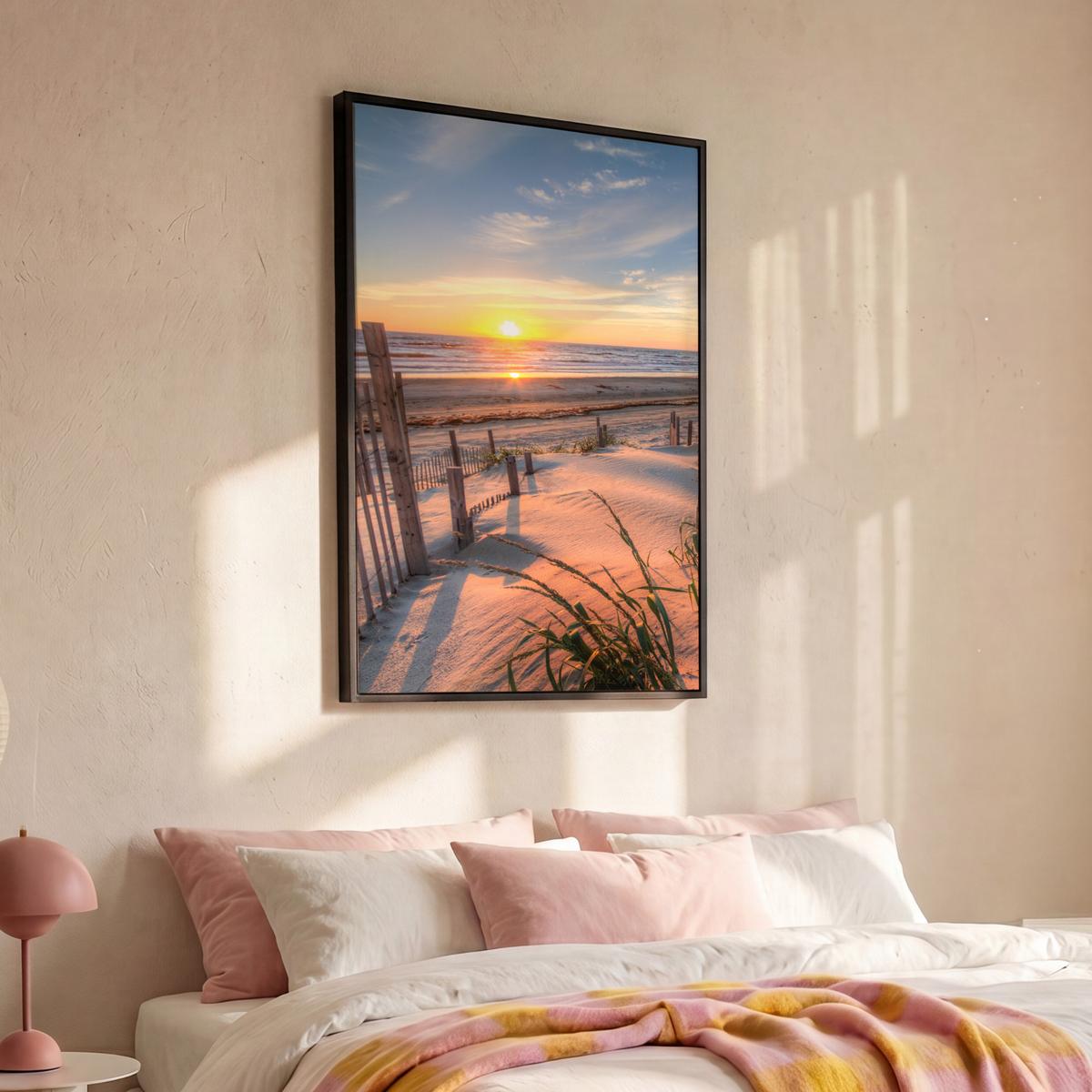 LEINWAND Bilder mit Rahmen - Strand - Meer - Düne - Sonnenuntergang - Landschaft - 90x140 - Beige, Textil (90/140cm) - MuchoWow