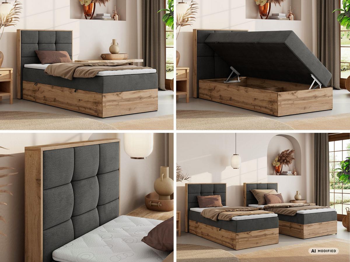 BOXBETT ALBERO 1 90/200 - Dunkelgrau Velvet - Topper Visco - H3 - Links - Dunkelgrau/Schwarz, Kunststoff/Textil (90/200cm) - MKS