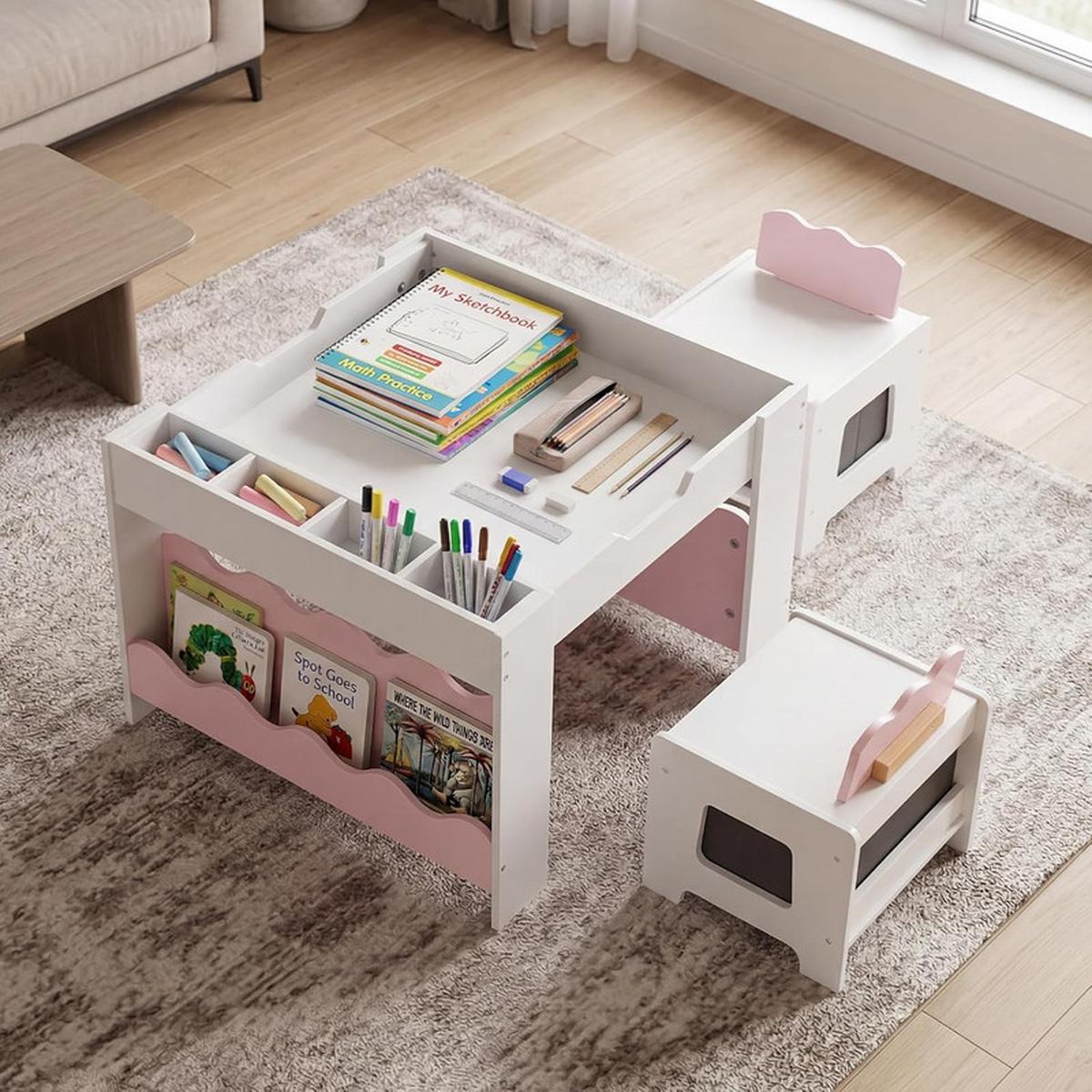 KINDERTISCH mit Stuhl rosa(3-tlg) - Pink, Holzwerkstoff (66/48/64cm) - COSTWAY