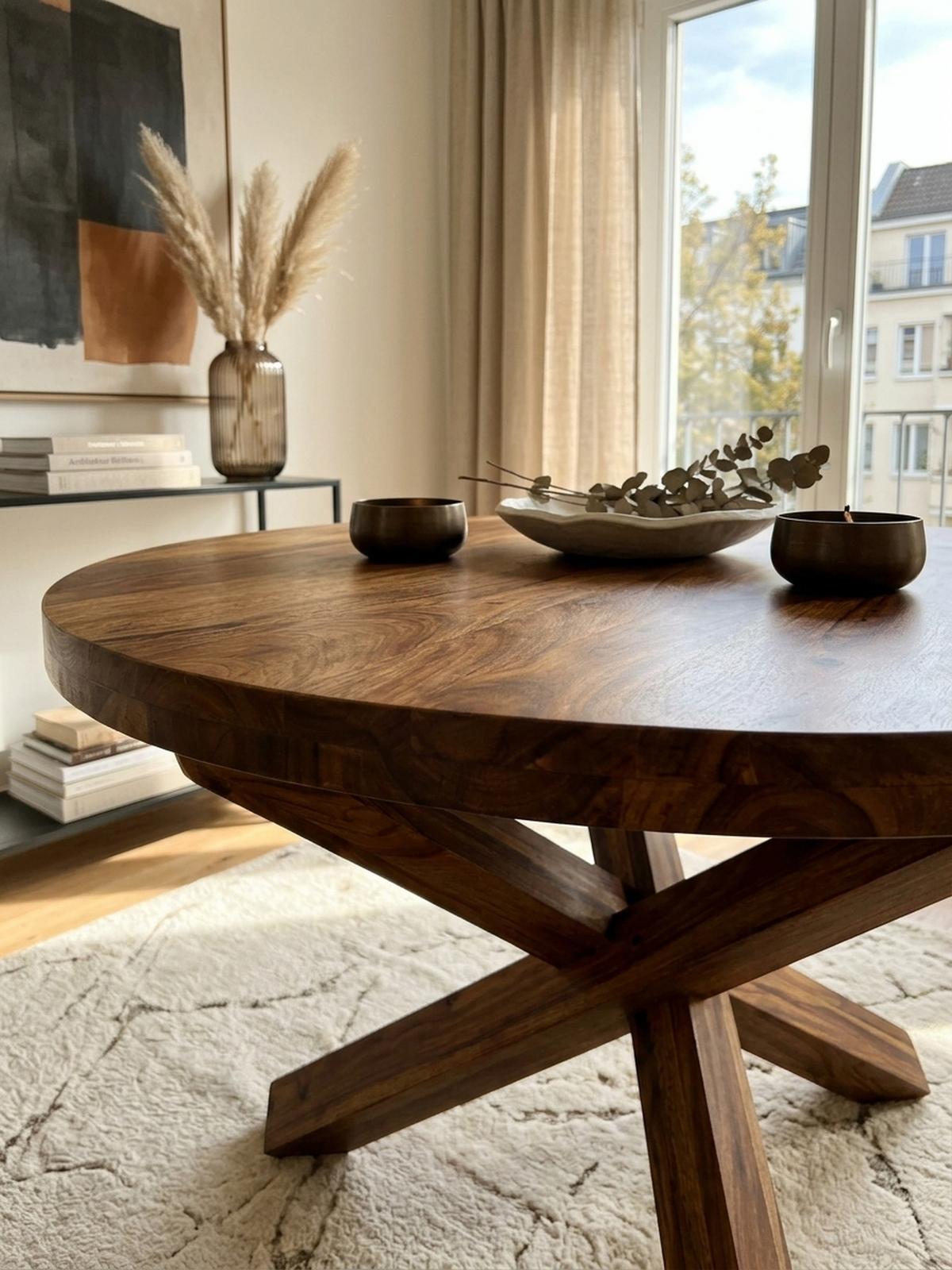ESSTISCH Massivholz Rund Kreuzbeine Handgefertigt TEKO, Braun 120x120x75 cm - Braun, Holz (120/120/75cm) - KADIMA DESIGN