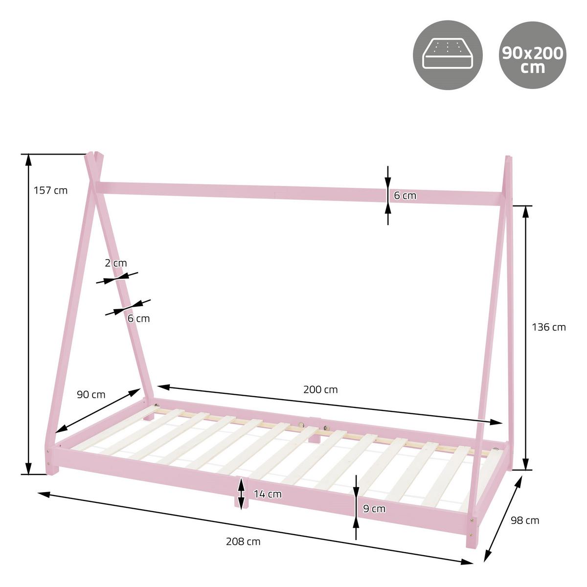 KINDERBETT Tipi mit Matratze 90x200 cm Rosa - Pink, Holz (90/200cm) - ML-DESIGN