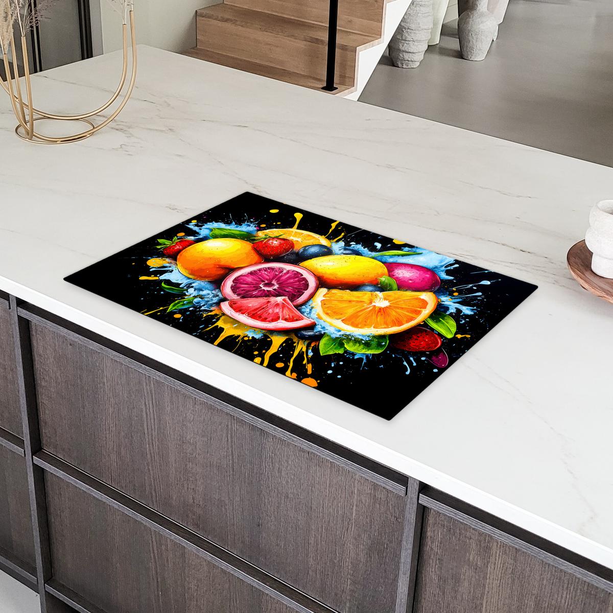 HERDABDECKPLATTE Obst - Graffiti - Bunt - Orange - Erdbeere - Abstrakt Ceranfeldabdeckung 80x52 cm - Orange, Kunststoff (80/52/0.2cm) - MuchoWow