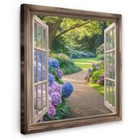 LEINWANDBILD Aussicht - Garten - Fenster - Hortensie - Blumen Deko Groß 90x90 cm - Pastellblau, Textil (90/90cm) - MuchoWow