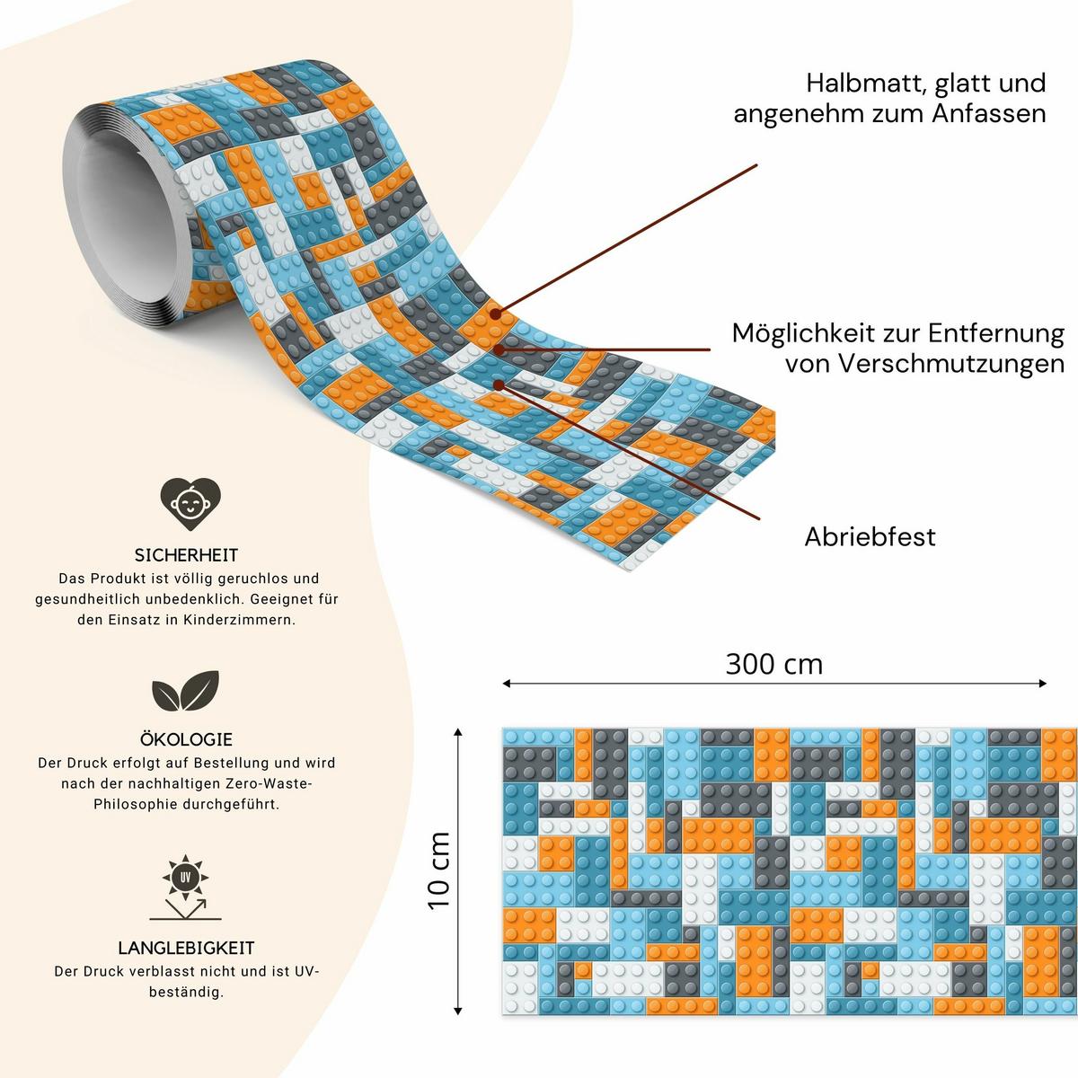 TAPETENBORDÜRE selbstklebend für Kinder bunte BLÖCKE 3D Effekt - Blau/Weiß, Papier (10/300/300cm) - Muralo