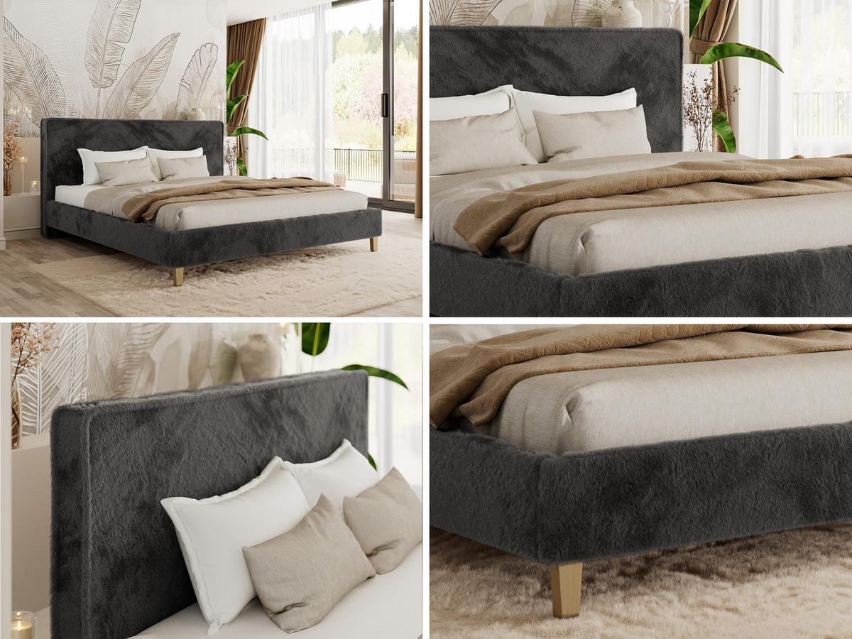 POLSTERBETT LUMARO CLASSIC 140/200 - Dunkelgrau Plüsch - Matratze Foam - Dunkelgrau/Kernbuche, Holz/Textil (140/200cm) - MKS