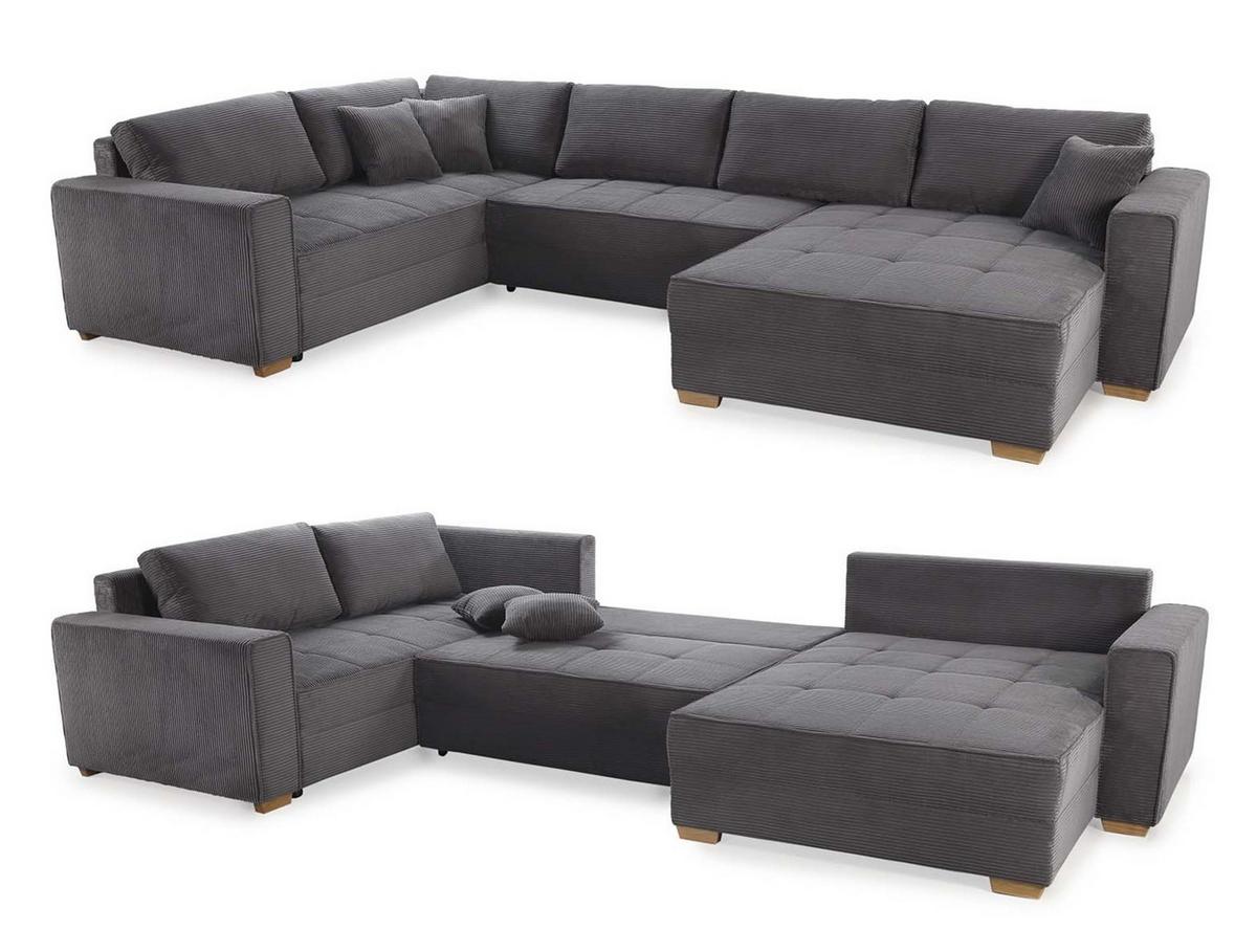 WOHNLANDSCHAFT Schlaffunktion Bettkasten Wellenunterfederung, spiegelverkehrt montierbar U-Form B379/T227/H86 cm, Cord Dunkelgrau / 15198 - Dunkelgrau/Eichefarben, Holz/Textil (379/86/227cm) - luma-home