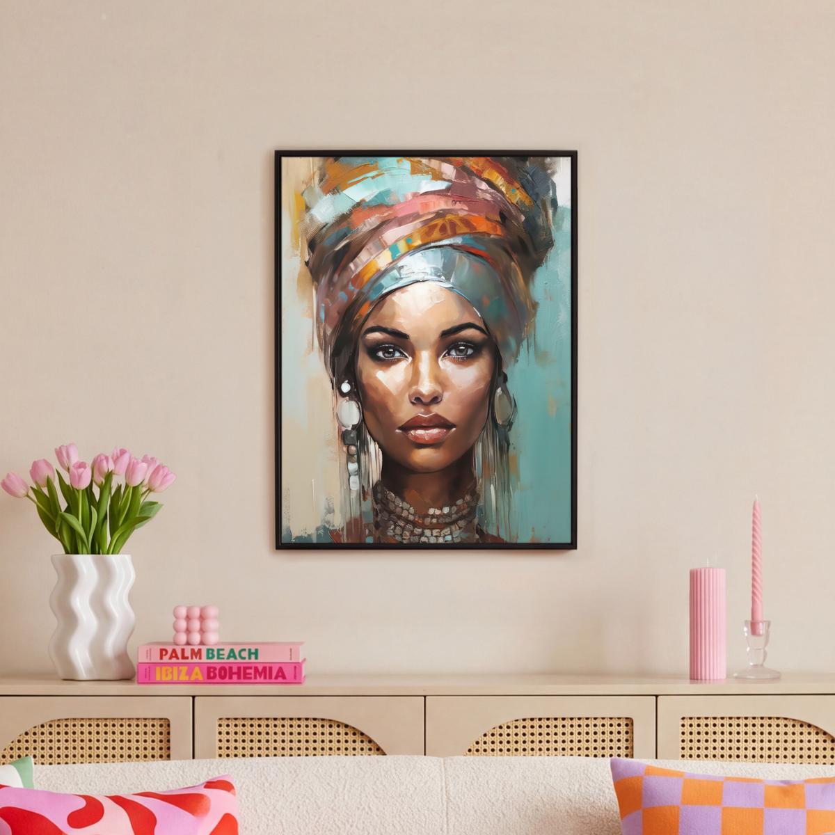 LEINWAND Bilder mit Rahmen - Frau - Kunst - Schmuck - Porträt - 50x70 - Blaugrau, Textil (50/70cm) - MuchoWow
