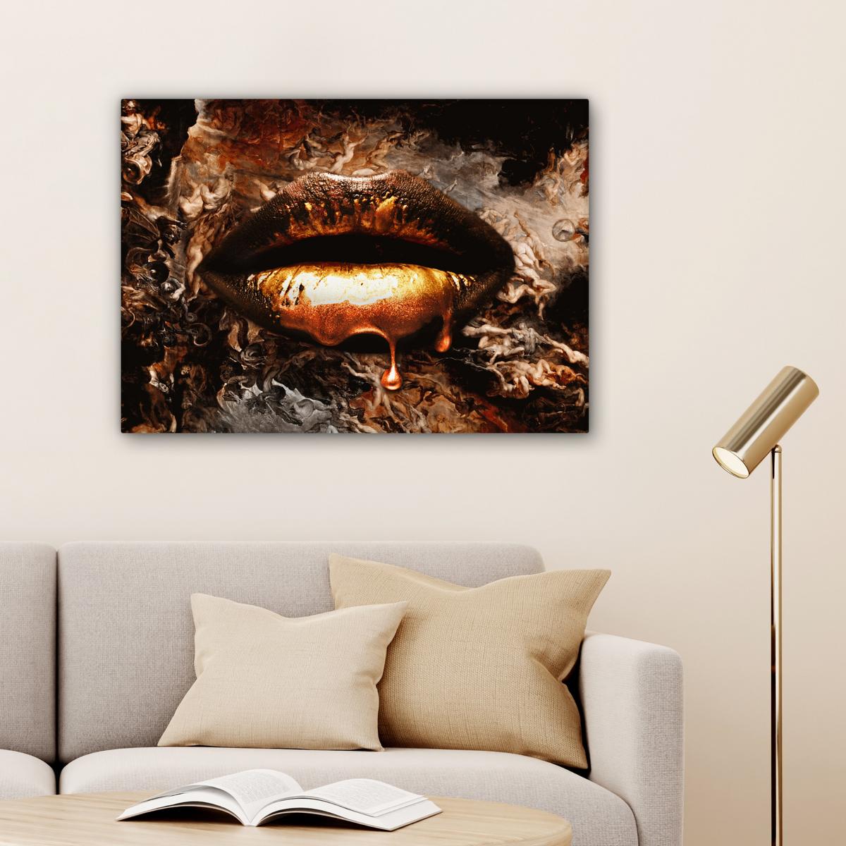 LEINWANDBILD Gold - Lippen - Kunst - Gold - Luxus - Abstrakt Wandbilder 80x60 cm - Kupferfarben, Textil (80/60cm) - MuchoWow